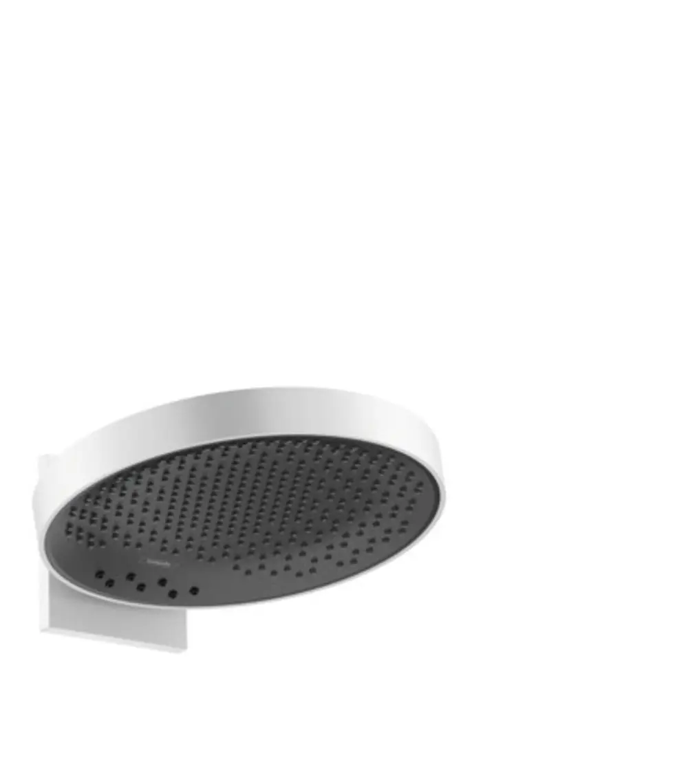 Hansgrohe Kopfbrause mit runder, flacher Oberfläche und Wandanschluss, in Mattweiß, mit mehreren Düsen für Wasserstrahl-Optionen.